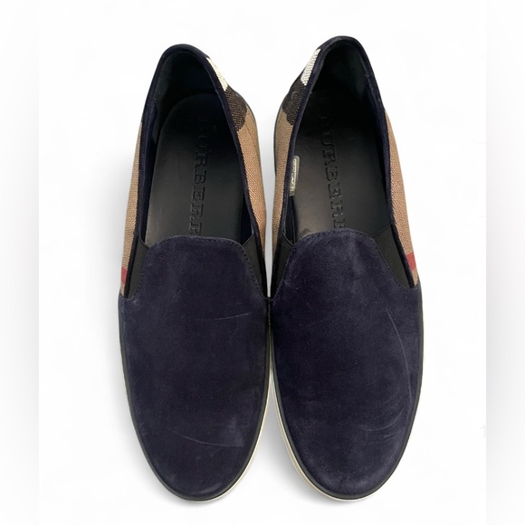 Burberry Blue Suede and Signature Check Print Slip On Shoe...